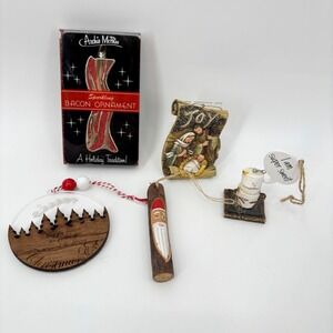 Lot of 5 Christmas Ornaments Bacon, Nativity, Santa Log, S'mores, Laser-Cut Tree